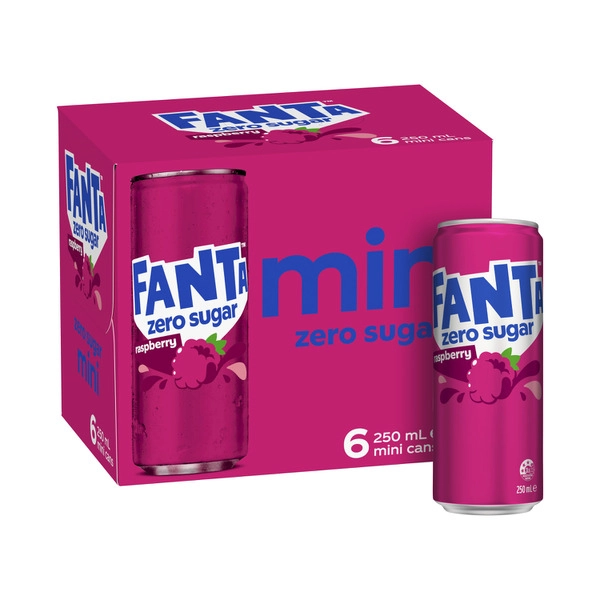 Fanta Raspberry Zero Sugar Soft Drink Mini Cans 6x250mL 6 pack