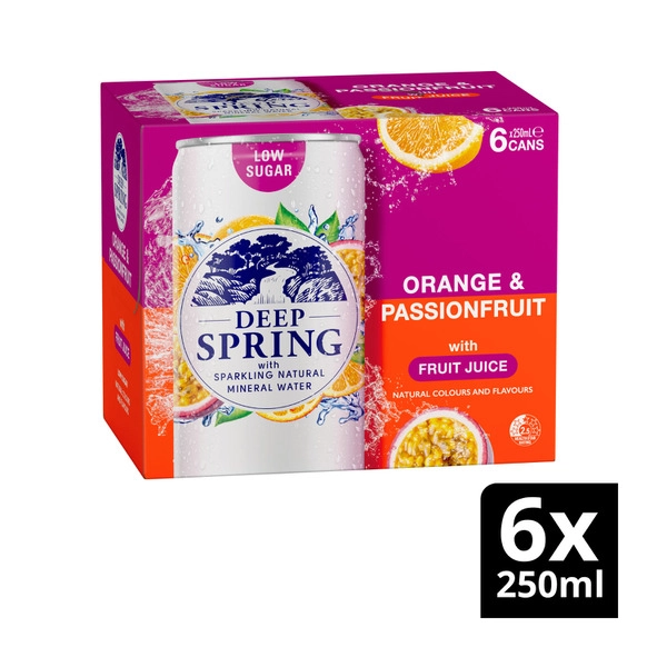 Deep Spring Natural Mineral Water Orange Passionfruit Multipack Mini Cans 6x250mL 6 pack