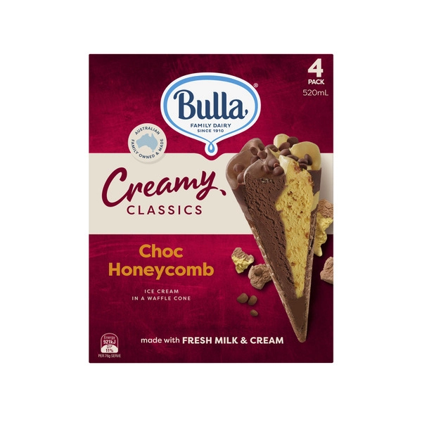 Bulla Creamy Classics Choc Honeycomb Cone 4 Pack 520mL