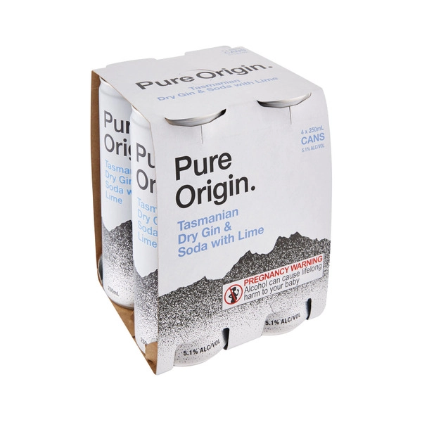 Pure Origin Dry Gin & Soda with Lime Can 250mL 4 Pack