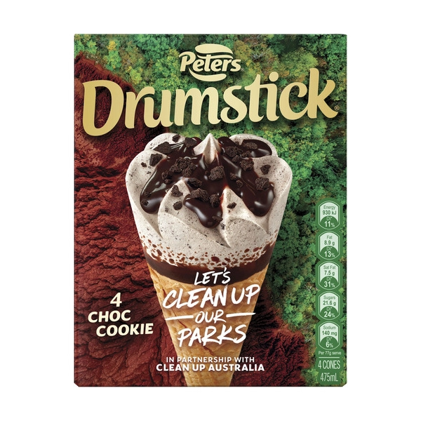 Peters Drumstick Choc Cookie 4 Pack 475mL