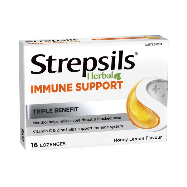 Strepsil Herbal Immune Sore Throat Honey Lemon 16 pack