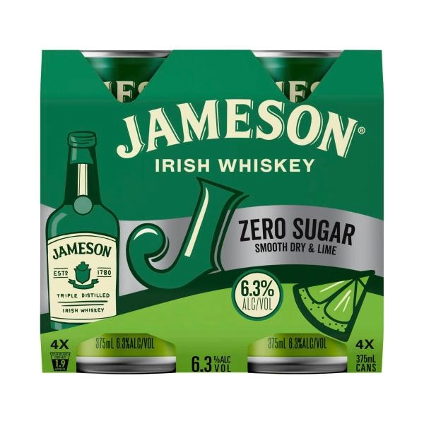 Jameson Zero Sugar Smooth Dry & Lime 6.3% Can 375mL 4 Pack