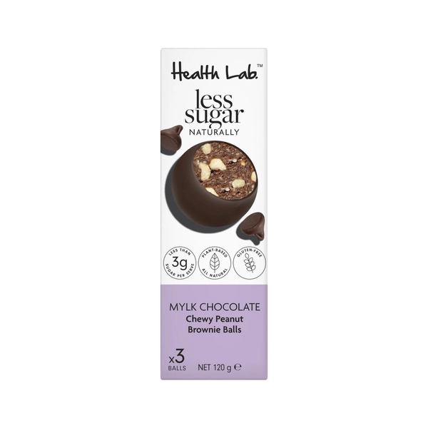 Health Lab Ls Mylk Chewy HEALTH LAB LESS SUGAR NATURALLY MYLK CHOCOLATE CHEWY PEANUT BROWNIE BALLS 3X40G 120G 