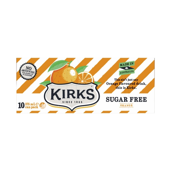 Kirks Zero Sugar Orange Soft Drink Cans 10x375ml 10 pack