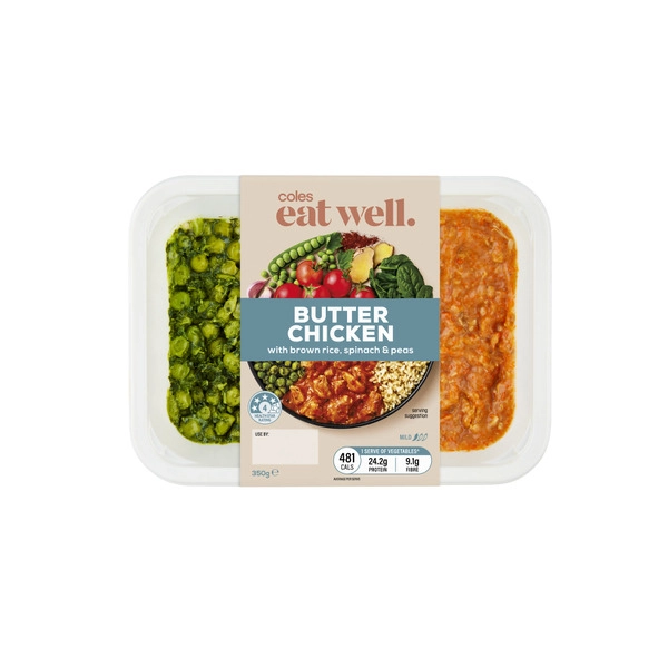 Coles Eat Well Butter Chicken With Brown Rice Spinach Peas 350g