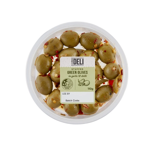 Coles Green Olives Chilli & Garlic 110g