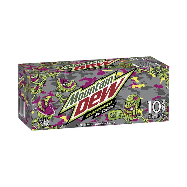 Mountain Dew Energised Sugar Free Major Melon Soft Drink Multipack Cans 375mL x 10 Pack 10 pack