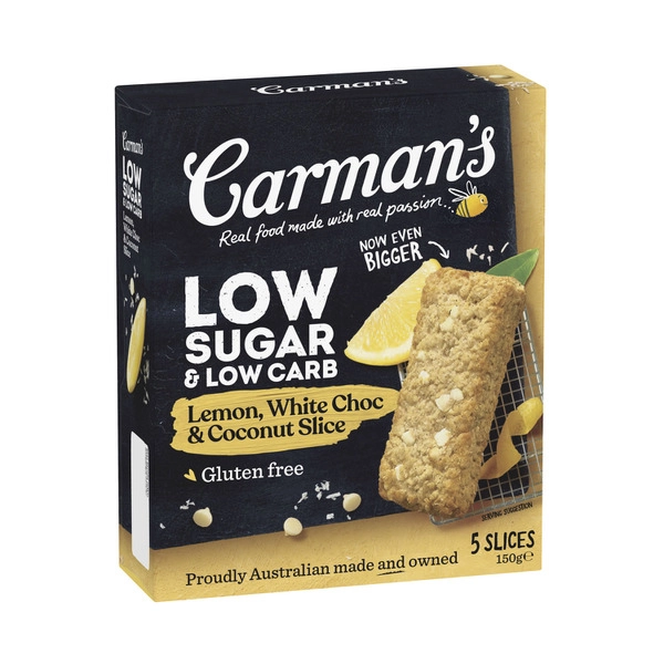 Carman's Low Sugar Low Carb Slice White Choc Lemon Coconut 150g