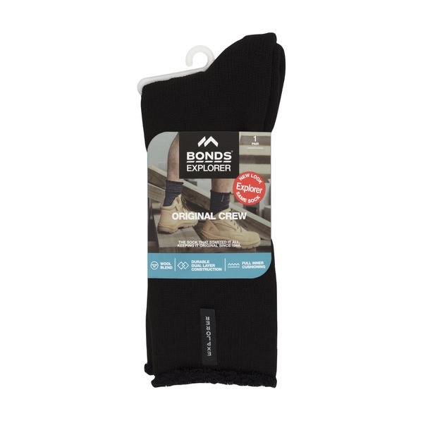 Bonds XPLORER MENS SOCKS ORIGINAL WOOL CREW BLACK 11-14 1 pack