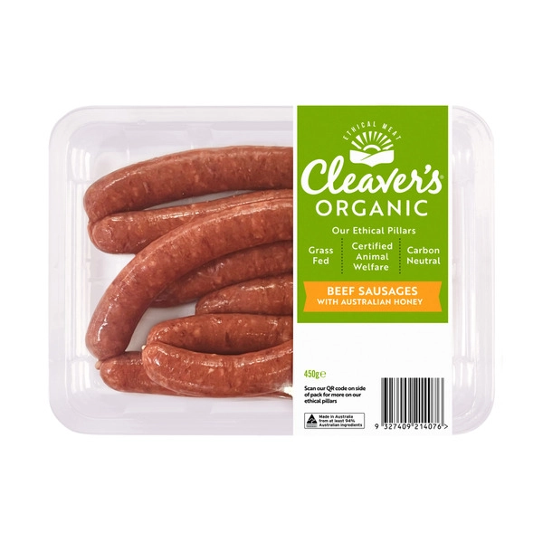 Cleaver's Organic Grass-Fed Beef Sausages With Australian Honey 450g