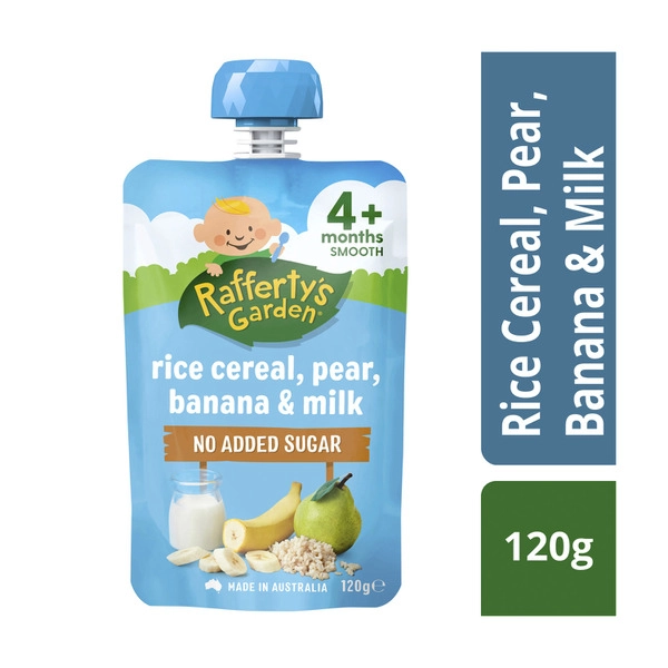 Rafferty's Garden Rice Cereal Pear Banana & Milk No Added Sugar Baby Food Pouch 4+ Months 120g