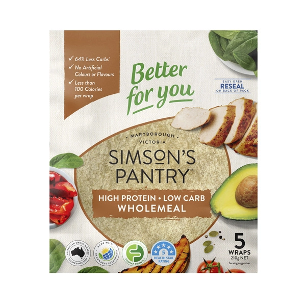 Simsons Pantry H Protein SIMSONS PANTRY HIGH PROTEIN LOW CARB WHOLEMEAL WRAP 5PK 