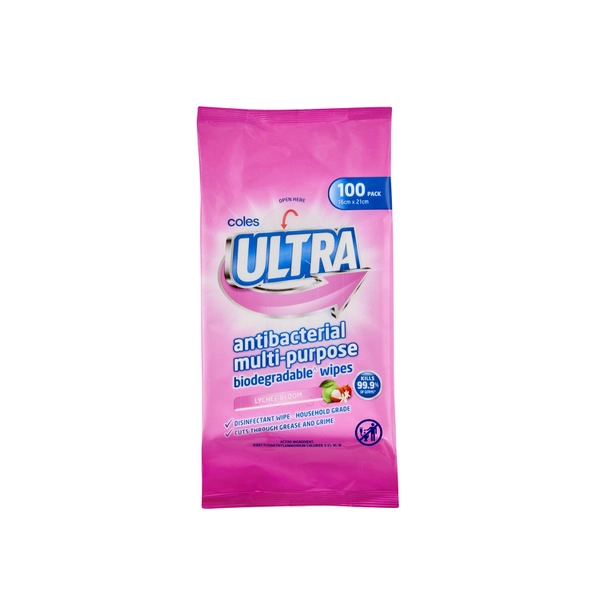 Coles Ultra Antibacterial Multipurpose Wipes Lychee Bloom 100 pack