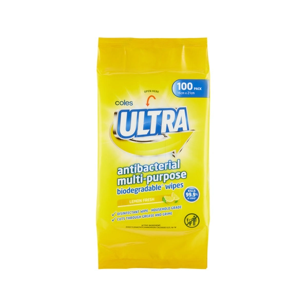 Coles Ultra Antibacterial Multi-Purpose Biodegradable Wipes Lemon Fresh 100 pack