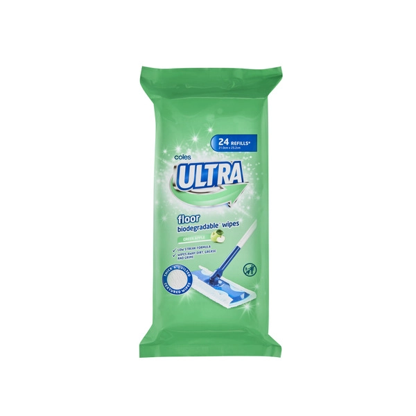 Coles Ultra Biodegradable Floor Wipes Green Apple Refill 24 pack