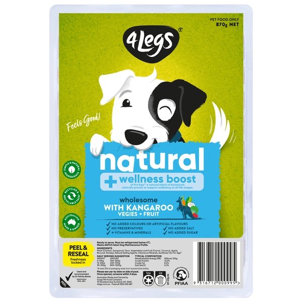 4legs Ntrl + Wllnss Bst 4 LEGS NATURAL + WELLNESS BOOST WITH KANGAROO VEGIES & FRUIT MEATBALL DOG FOOD TRAYS 870 GRAM 