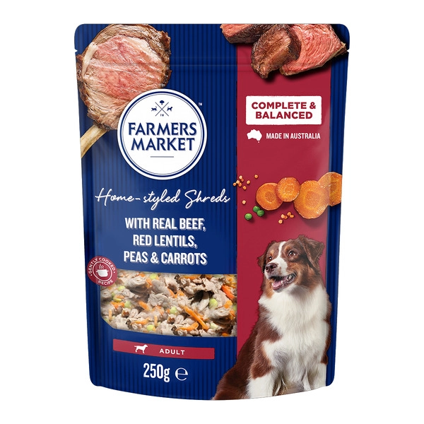 Farmers Market Adult Dog Food Homestyle Shreds With Beef Red Lentils Peas & Carrots 250g