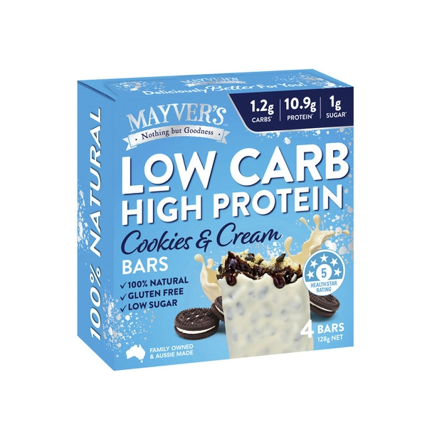 Mayver's Lowcarb/highprot MAYVER'S LOW CARB HIGH PROTEIN COOKIES & CREAM BARS 4 PACK 128G 