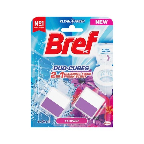 Bref Duo Cubes Clear Water Toilet Cleaner In-Cistern Block Flower 2x50g 100g