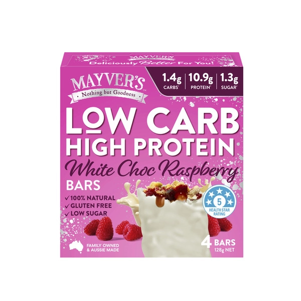 Mayver's Low Carb High Protein White Choc Raspberry 4 Pack 128g