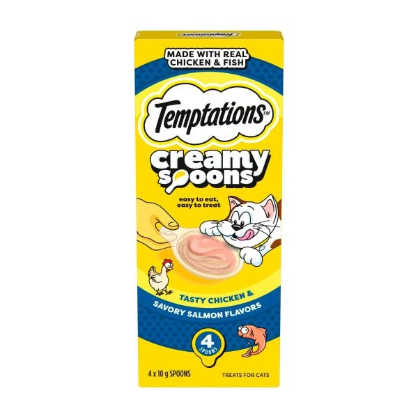 Temptations Creamy Spoons Tasty Chicken & Savory Salmon Flavors Cat Treat 4x10g 40g