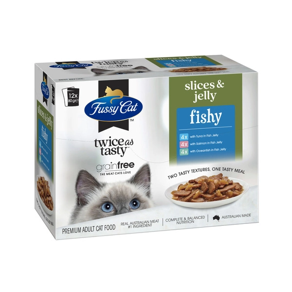 Fussy Cat Grain Free Twice As Tasty Slices & Jelly Fishy Wet Cat Food 12X80g 12 pack