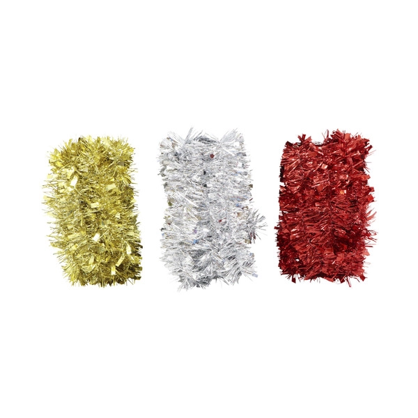 Christmas Tinsel Red Gold Or Silver 3 Metre 1 each