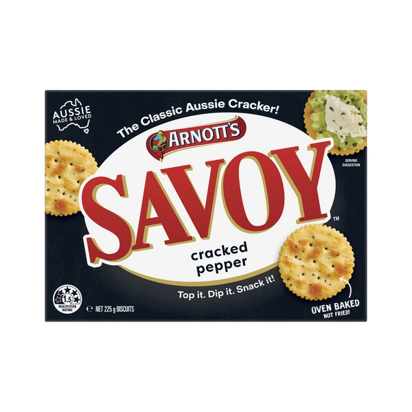 Arnotts Savoy. ARNOTTS SAVOY CRACKERS:CRACKED PEPPER:.:225 GRAM 