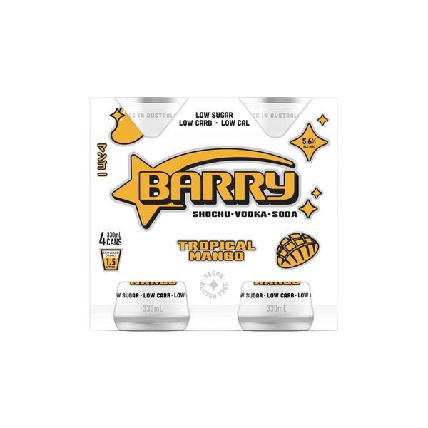 Barry Shochu Tropical Mango Soda Can 330mL 4 Pack