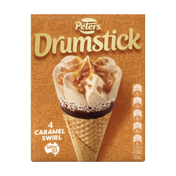 Peters Drumstick Caramel Swirl Cones 4 Pack 475mL