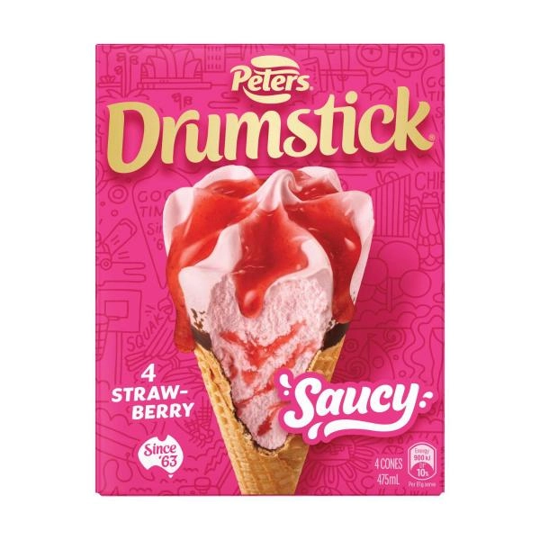 Peters Drumstick Saucy Strawberry Cones 4 Pack 475mL