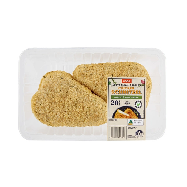 Coles RSPCA Approved Chicken Breast Schnitzel Garlic & Herb Crumb 600g